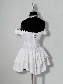 SHEIN ICON 女式白色褶皱提花褶饰腰部面板荷叶边露肩多层荷叶边下摆 A 字形雪纺迷你连衣裙，优雅适合派对和年轻女孩 - 白色 - 查看 7