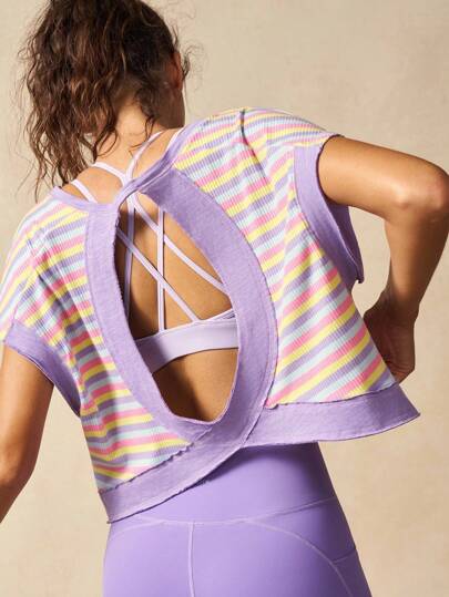 VARSIVA 女士健身上衣 休闲条纹针织短袖运动上衣 女士时尚镂空后背露背健身上衣