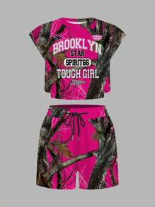 Slaydiva 2025 Spring-Summer Casual Minimalist Set, Women's Pink Camo Graphic Print Round Neck Sleeveless Top And Shorts Set, Suitable For Summer And Vacation Suitable For Going Out - Multicolor - View 3