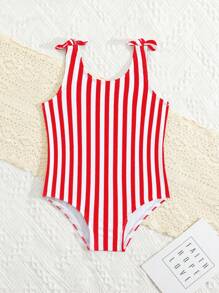 SHEIN Baby Girls Beachwear One-Piece Swimsuit, Digital Polyester Striped & Floral Print Fashionable & Cute For Summer Swimming - Red - View 5