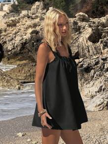 SHEIN ICON 女士夏季外出海滩夏威夷毕业典礼白色娃娃裙飘逸可爱迷你连衣裙 - 黑色 - 查看 5