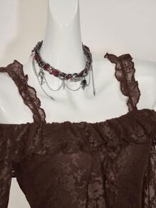 SHEIN ICON Women's Off The Shoulder Hippie Boho Elegant Ruffled Ruffle Long Sleeve Lace Blouse Western Wear Women Brown Lace Crop Top,Y2k Tops