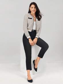 Miaspire Contrast Color Round Neck Long Sleeve Fitted Women Front Button Jacket Cardigan Sweater Fall Women Outfits Button Up Fall Cardigan Women Cardigans,Long Sleeve Tops - Black and White - View 6