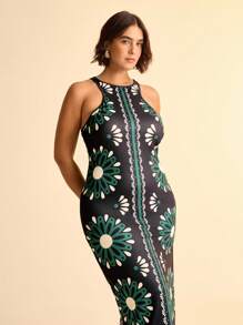 CAJUNI Damen Große Größen Boho Tropical Muster Grün ärmelloses Bodycon Maxikleid, schwarzes lässiges Urlaubs-Maxikleid - Verschiedenfarbig - Übersicht 4