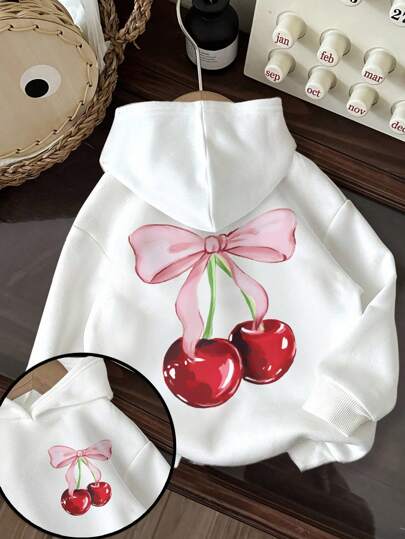 SHEIN Tween Girl Vintage Pink Bow & Cherry Print, Casual Thickened Sweatshirt, Suitable For Autumn/Winter Fall