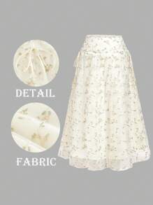 SHEIN MOD 大码女式薄纱刺绣高腰浪漫长裙 - 杏色 - 查看 2