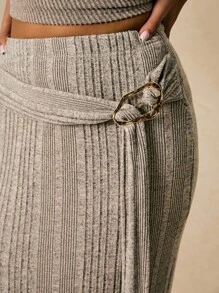 Poéselle Women's Solid Color Elastic Waist Ribbed Skirt - Apricot - View 3