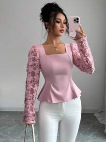 Elenzga 女士法式浪漫西西里优雅休闲通勤度假下午茶派对纯色网眼刺绣方领修身A字长袖衬衫，春夏 - 粉色 - 查看 5