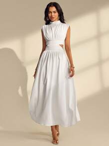 Almamuse All White Split Textured Stand Collar Casual Dress With Cap Sleeves, Spring/Summer Maxi Dress With Pockets - White - View 8