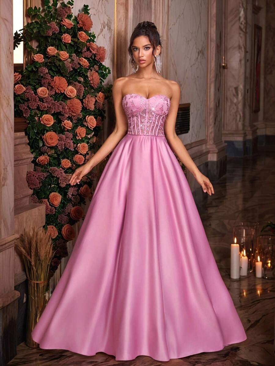 Glamrae Đầm xòe rộng, thanh lịch, ngọt ngào, không dây vai, chất liệu ren xuyên thấu đính cườm và thêu, cạp cao, ôm dáng, có dây buộc điều chỉnh được và nơ rời, thích hợp cho hẹn hò, kỳ nghỉ, sinh nhật, tiệc tùng, tốt nghiệp, dự đám cưới, dạ hội trang trọng, phong cách vintage, ngày Valentine. - Bụi hồng - Xem 1