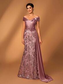 Serin Vestido elegante y de lujo con un solo hombro, bordado con lentejuelas, parches de encaje y volantes de satén, bajo de cola de pez, diseño de drapeado lateral, adecuado para bodas, fiestas, vacaciones, bailes de graduación, vestido de noche