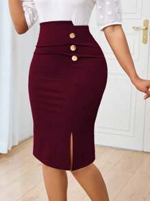 Lunelith SHEIN Lunessa Elegant Solid Color Fitted Pencil Skirt Suitable For Commute Office Skirt - Burgundy - View 4