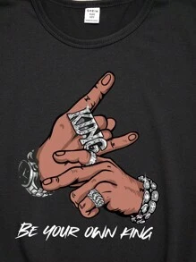 SHEIN Bolty Swagger & Tween Boy Casual Gesture Patterned Round Neck Short Sleeve T-Shirt, Summer - Black - View 3