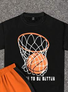 SHEIN Bolty Tween Boy Basketball & Slogan Graphic Tee & Shorts