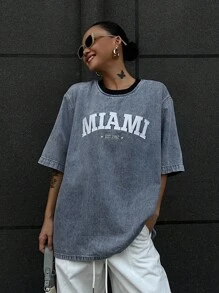 Livesso 女式夏季圆领短袖刺绣字母牛仔上衣 - 藍色 - 查看 4