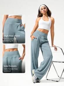 GLOWMODE 莫代尔丝绸触感阔腿高腰休闲裤，带侧袋，日常休闲秋季 - 0.霧綠 - 查看 3