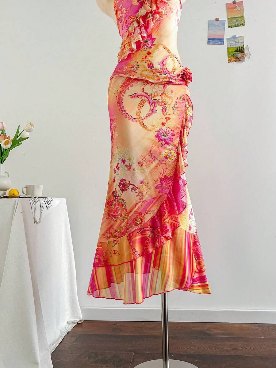 Soleia New 3D Floral Design Knit Ruffle Hem Long Skirt Wrap Skirt - Multicolor - View 1