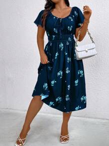 Flirla Floral Print Drawstring Elastic Waist Dress - Navy Blue - View 4