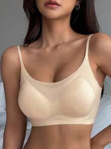 DAZY Sujetador de lencería para mujer de unicolor, sin costuras, con tirantes ajustables y ligeramente acolchado - Beis - Ver 3