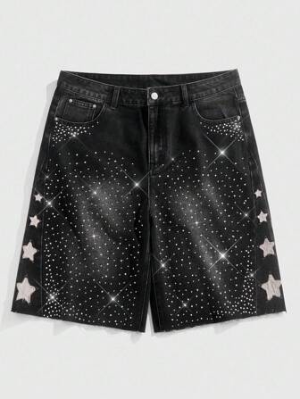 Street Life Pantalones cortos de mezclilla de corte holgado para hombre con bordado de estrella de diamantes brillantes