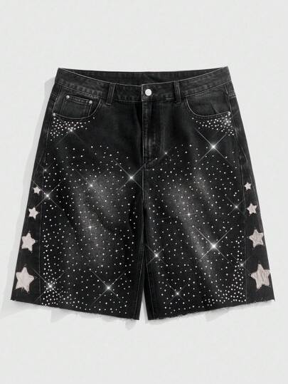 Street Life Men's Loose Fit Denim Shorts With Sparkling Diamond Pentagram Embroidery