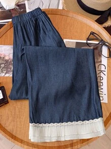 EMERY ROSE Plus Size Women Elastic Waist Patchwork Ruffle Hem Wide Leg Loose Pants Fall Cloth For Women - Royal Blue - View 2