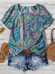 Linhara 女式加大码圆领大花双褶边宽松衬衫 - 藍色 - 查看 1