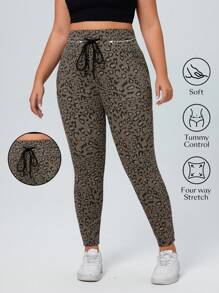 SHEIN Essnce Jeans casuales ajustados de talla grande para mujer con estampado de leopardo y cordón en la cintura - Gris - Ver 1