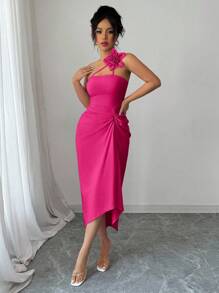 Elenzga 女士优雅花卉褶饰连衣裙，夏季新品 - 玫紅色 - 查看 3