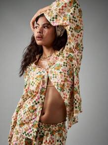 AiiRZ Áo cánh tay blouson in họa tiết ô vuông hoa cài nút mùa hè cotton họa tiết cam chanh lễ hội áo crop top bãi biển kỳ nghỉ nghỉ dưỡng mặc ngày lễ mùa xuân - Nhiều màu - Xem 5