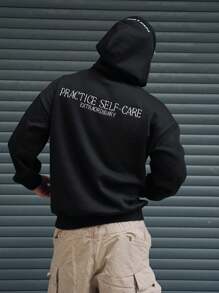 DAZY Letter Embroidered Street Style Men's Hoodie, Autumn - Black - View 2