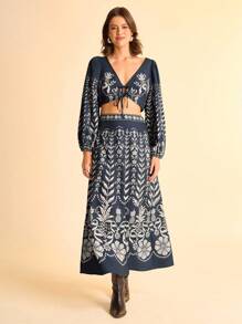 CAJUNI 女士花卉印花高腰休闲长裙，适合度假 - 波西米亚风女装/女士西式服装/图案/休闲女士 - 基本款/女士外出上衣/秋季女装 - 彩色 - 查看 5