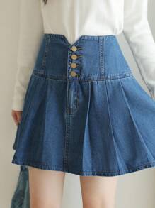 K-Vae Women's Fall Denim Blue Pleated Short Casual Denim Skirt, Button Decorated Skirt,Korean Style Fall Women Clothes,Back To School,Teacher Outfits For Women