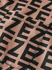 Conjunto de chaqueta con estampado completo + mono de punto negro para niñas preadolescentes, atuendo versátil de moda casual diaria para el regreso a clases - Café integral - Ver 5