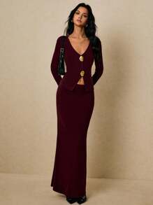 Poéselle 2 件套女士金属花朵 V 领长袖上衣和紧身迷你裙，时尚 - 酒紅色 - 查看 5