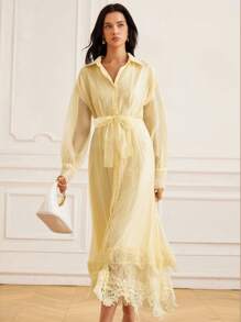 GENKIRA Solid Color Lace Patchwork See-Through Effect Shirt-Style Dress With Tied Waist And Long Sleeves For Women - Yellow - View 4