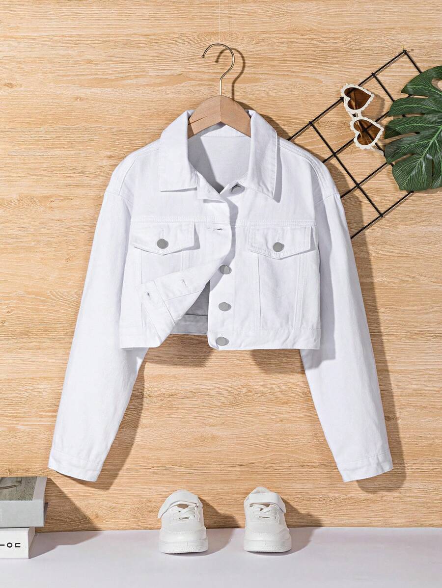 SHEIN 青少年女孩牛仔夾克外套 秋冬新款 白色短版牛仔夾克 休閒寬鬆可愛時尚 水洗修身 百搭校園運動款 - 白色 - 查看 1