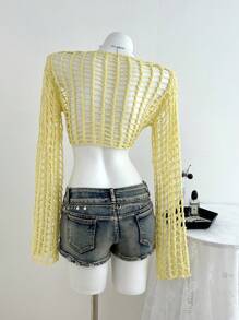 SHEIN Unity Áo len cardigan dài tay khoét lỗ màu trơn cho nữ, đa năng - Màu vàng - Xem 2