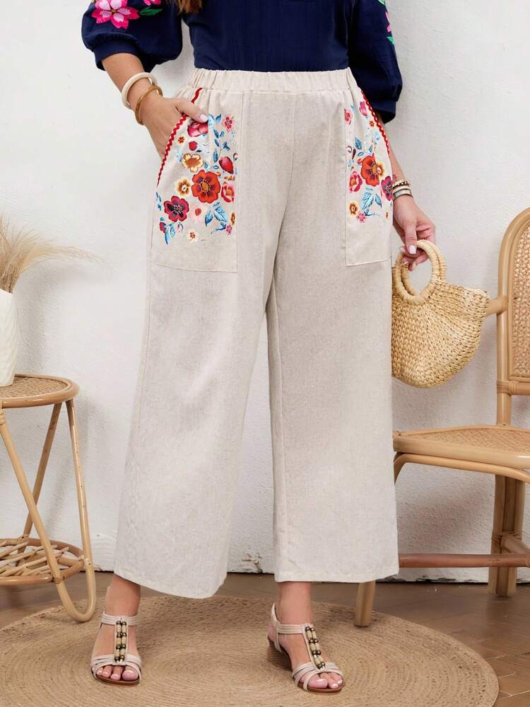 Plus Size Women's Summer Country Casual Vacation Floral Printed Apricot Trousers Linen Pants With Pockets,Holiday,Vacation,Simple And Fashionable For Everyday Wear,Vacay Vibes,Springbreak,Casual Wear,Bohemia,Fall