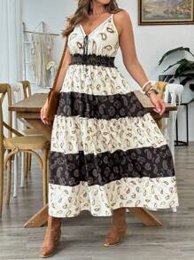 SHEIN Clasi Plus Size Women Vacation Black & White Color Block V-Neck Sleeveless Dress - Multicolor - View 6