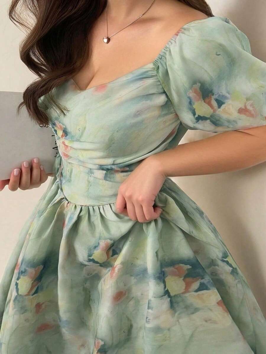 Dazy Plus 花朵泡泡袖高腰中长连衣裙，春夏度假风格 - 綠色 - 查看 1