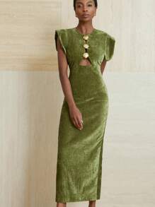 GENKIRA Elegant High-End Exaggerated Shoulder Chenille Waist Cinching Sexy Hollow Asymmetrical Buckle Women's Dress - Green - View 3