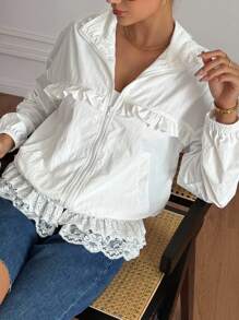 DAZY Women Ruffled Lace Patchwork Long Sleeve Jacket - White - View 1