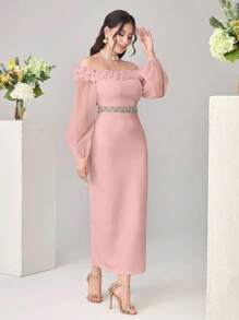 Modelyn 女士露肩优雅纯色3D花卉装饰连衣裙 - 粉色 - 查看 6