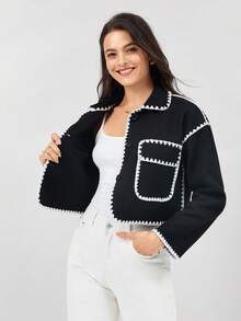 Miaspire 休闲通勤双色修剪短款大衣 - 黑與白 - 查看 5