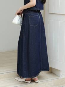 SHEIN Unity Chân váy denim trơn dáng thẳng màu tối màu dùng hàng ngày cho nữ Chân váy denim dài màu xanh đậm Chân váy jean dài - Rửa tối - Xem 4