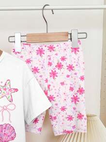SHEIN 2 件套青少年女孩休闲贝壳、蝴蝶结、花卉印花短袖 T 恤和短裤套装，适合夏季度假氛围 - 彩色 - 查看 5
