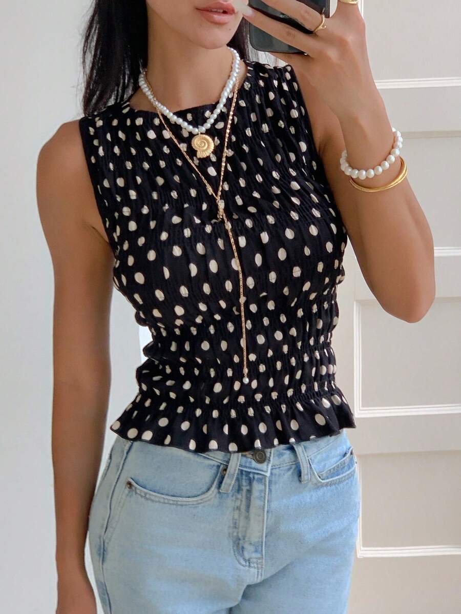 Siren Gaze 开学必备！2025年新款女款黑白波点印花圆领修身背心 - 教师装、机场装、秋冬季必备，可爱又端庄，适合日常通勤和外出 - 黑色 - 查看 1