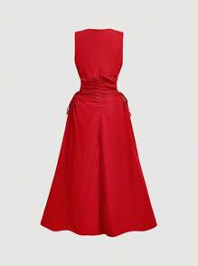 SHEIN MOD 大码女式纯色圆领系带侧无袖优雅连衣裙