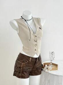 Elamini Women's Spring New Apricot Knitted Embroidered Vest - Apricot - View 3